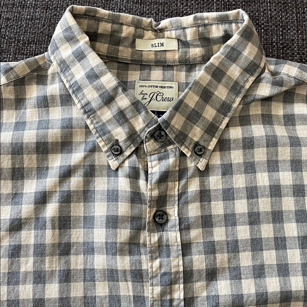 EUC Mens J. Crew Slim Plaid Button Down Sleeve Shirt, Cream & Gray Gingham, L